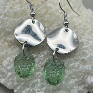 Silver Tone Disc and Green Vintage Embossed Beads Dangle Earrings -Luxe